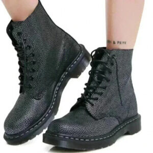 DR. MARTENS Pascal Black and Silver Pebbled Leather Combat Boots Women’s Size 7